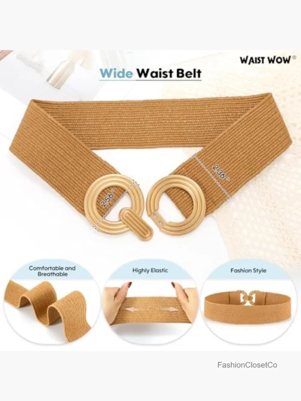 Straw Woven Elastic Belt with Gold Buckle Stretchy Wide Boho Dress Belt
